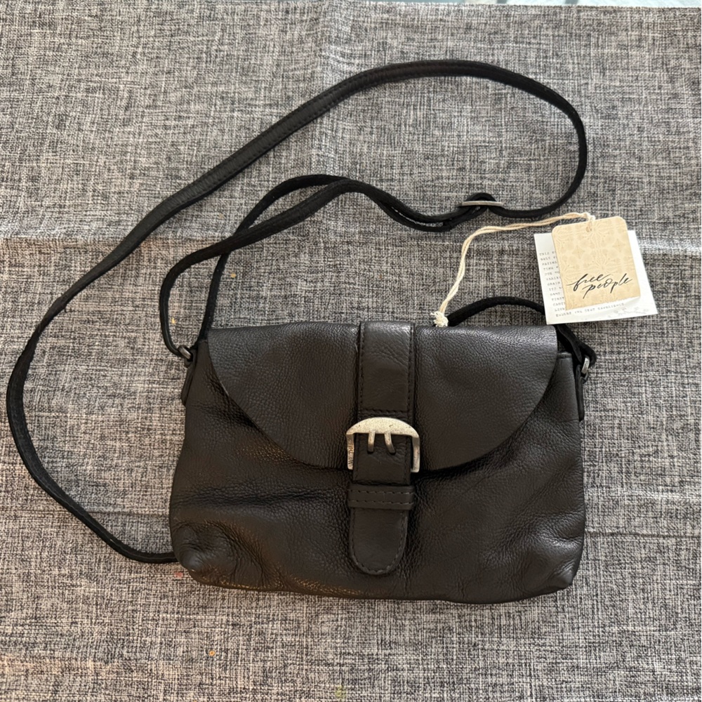 Free People Black Leather Crossbody Bag with Buckle Accent